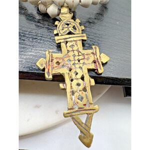 Ethiopian Cross Vintage Bronze three strands of white beads Statement Necklace